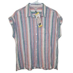 NEW Orvis Blouse Multicolor Women Size S Short Sleeve Linen Blend Button Up